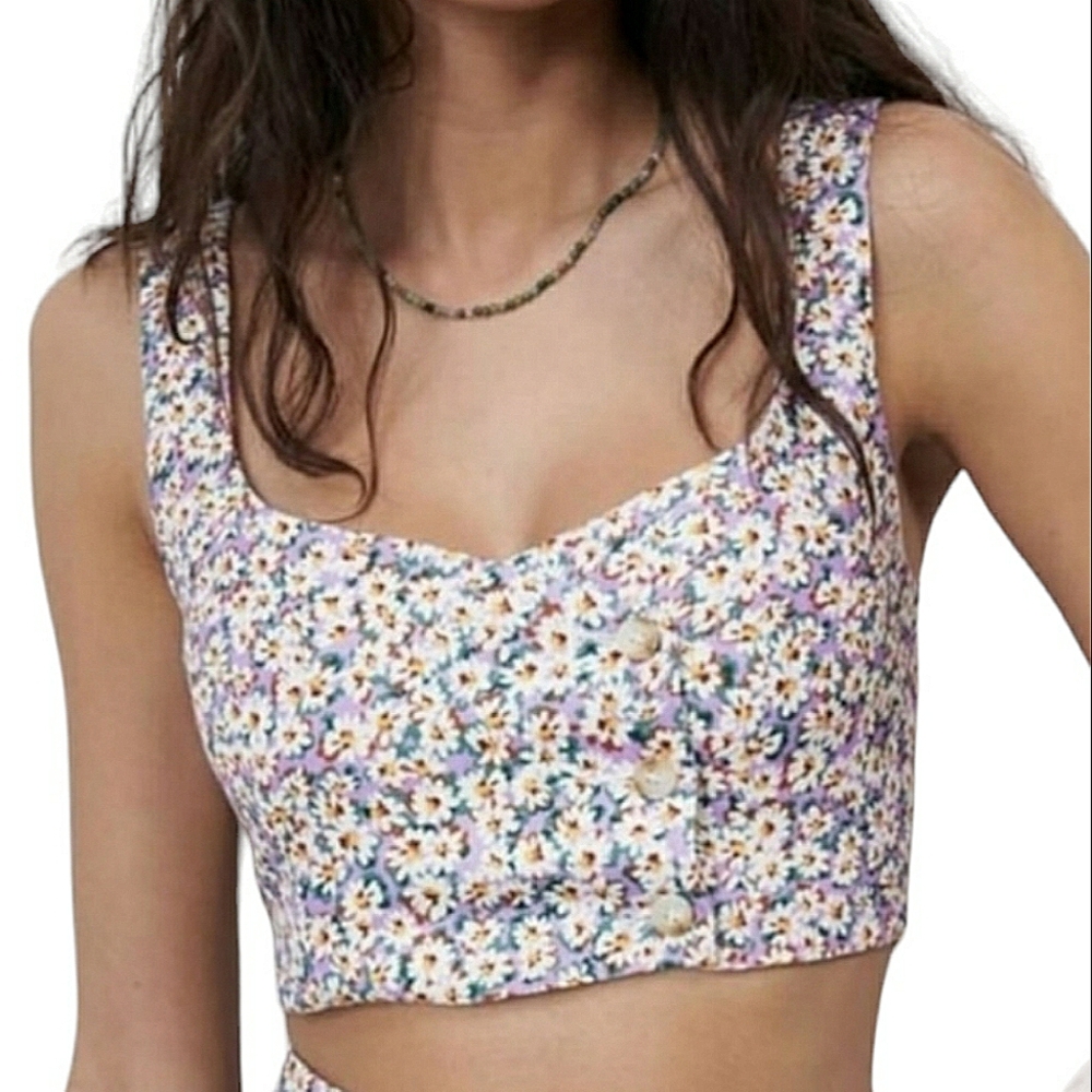 Zara Linen Blend Ditsy Floral Smocked Back Button Front Crop Top S Purple White